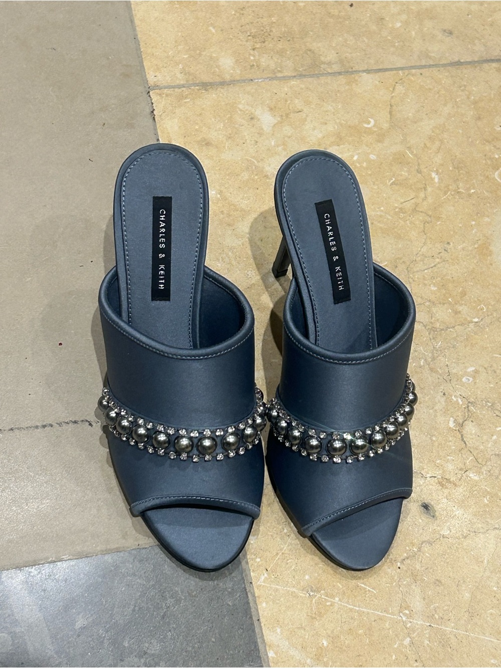Charles & Keith Navy Satin Beaded Mule Sandals